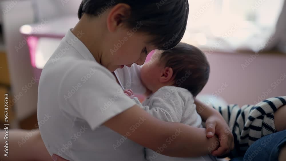 Older brother holding baby sibling gently, warm family connection, close bonding moment, nurturing care, indoor cozy environment, sibling affection, early childhood, natural light Older brother holding baby sibling gently, warm family connection, close bonding moment, nurturing care, indoor cozy environment, sibling affection, early childhood, natural light