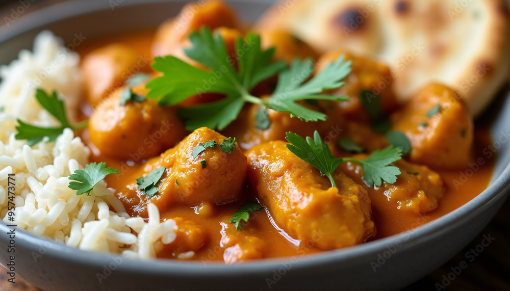Close-up of a bowl of chicken curry with basmati rice and naan bread, garnished with fresh cilantro.