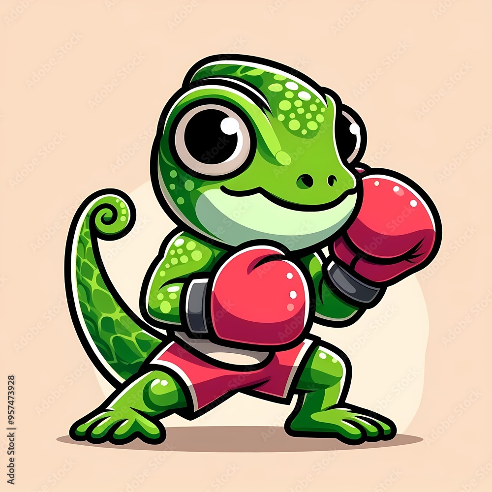 Obraz premium Cute Chameleon Boxing Cartoon Vector Icon Illustration
