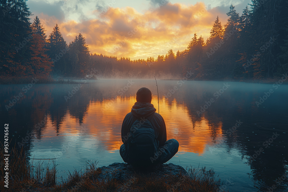 A young man fishing quietly on a peaceful lake at dawn, appreciating the calm and solitude. Concept of relaxation and connection with nature. A young man fishing quietly on a peaceful lake at dawn, appreciating the calm and solitude. Concept of relaxation and connection with nature.