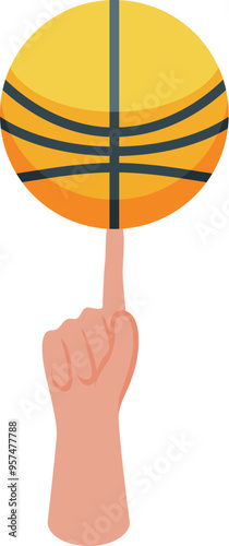 Hand is balancing a basketball on a fingertip, showcasing balance and skill