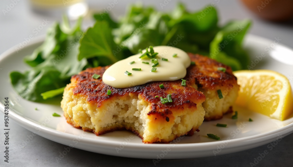 Angled shot of a plate of crab cakes with a lemon aioli, served with a side of mixed greens. Angled shot of a plate of crab cakes with a lemon aioli, served with a side of mixed greens.