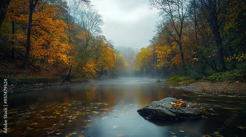Fototapeta premium A river in a leafy forest, flowing through a rocky center