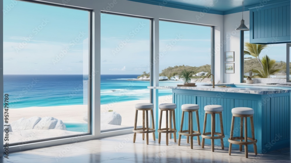 Fototapeta premium A Blue Kitchen Overlooking the Ocean