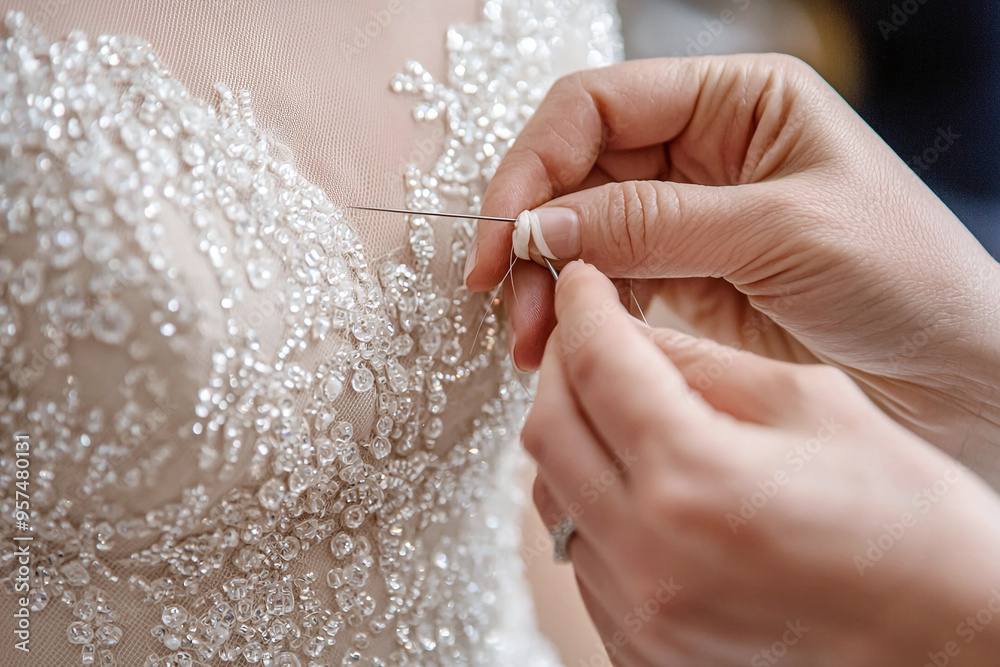a skilled seamstress hand-sewing intricate beadwork on a formal gown a skilled seamstress hand-sewing intricate beadwork on a formal gown