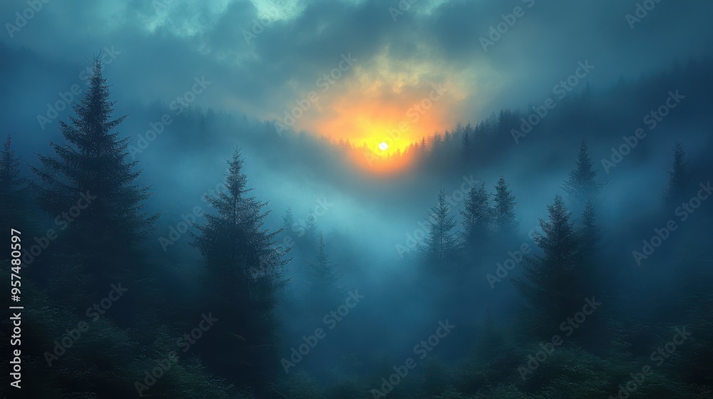 Misty forest at sunrise, sun breaking through fog over pine trees, tranquil early morning scene with vibrant colors and mysterious atmosphere in wilderness. Misty forest at sunrise, sun breaking through fog over pine trees, tranquil early morning scene with vibrant colors and mysterious atmosphere in wilderness.