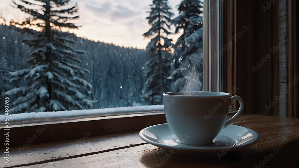 A cozy winter evening: a cup of warm tea as you gaze out into the snowy forest generative ai A cozy winter evening: a cup of warm tea as you gaze out into the snowy forest generative ai
