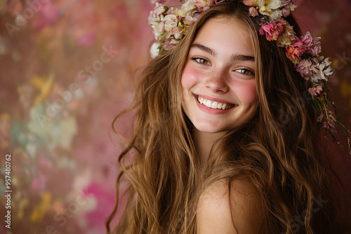 a smiling young hippie woman with long, wavy hair adorned with flowers, set against a blurred art studio background