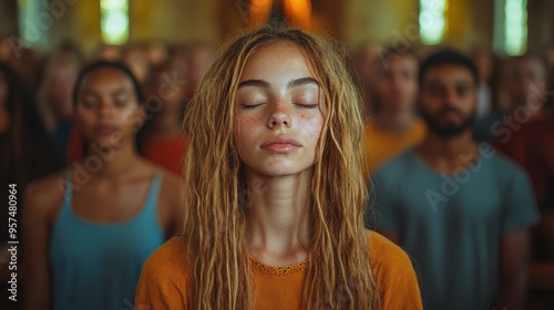 Woman with closed eyes meditating in a crowded room, peaceful expression, spiritual practice, group meditation, inner calm, mindfulness, natural light, communal space, focused mind