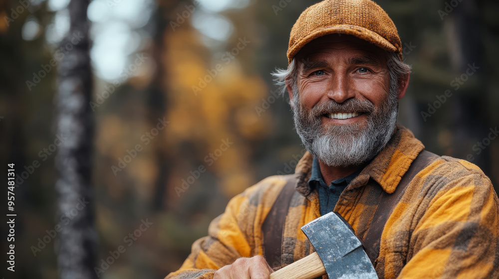 Happy smiling middle-aged man holding an axe, standing confidently in the forest. Outdoor work, woodcutting, experienced, rugged, nature, hands-on skills, traditional, autumn season. Happy smiling middle-aged man holding an axe, standing confidently in the forest. Outdoor work, woodcutting, experienced, rugged, nature, hands-on skills, traditional, autumn season.