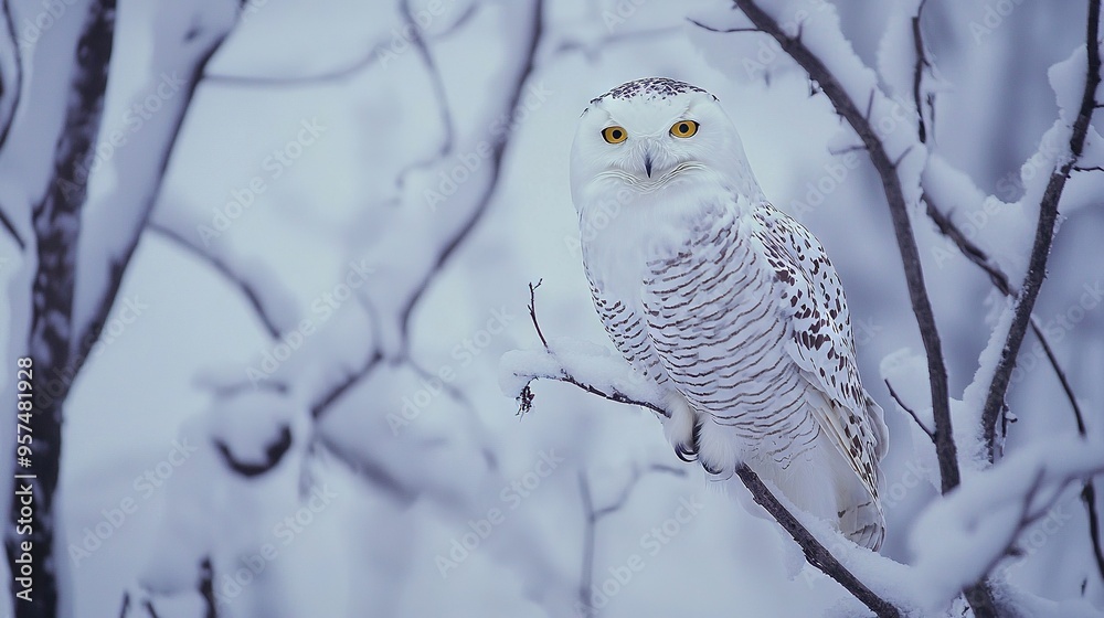 A white owl perched atop a tree branch, surrounded by snow-covered branches and a snowy landscape below A white owl perched atop a tree branch, surrounded by snow-covered branches and a snowy landscape below