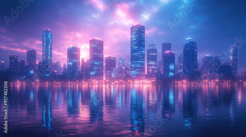 City skyline at dusk with neon lights reflecting on water, vibrant and colorful urban landscape, modern skyscrapers illuminated in twilight, futuristic cityscape