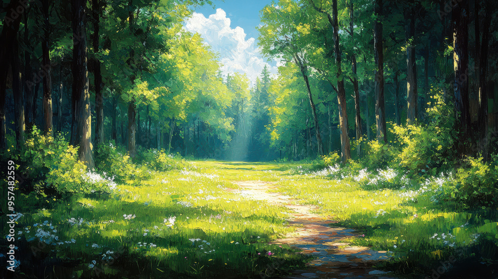 Naklejka premium Sunlit path through lush green forest with tall trees, serene nature scene, inviting trail for outdoor walks and hiking, peaceful and tranquil environment