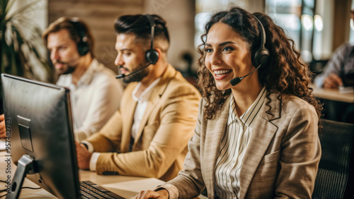 smiling call center operator answers a phone call.