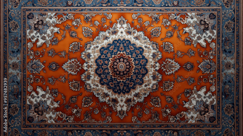 Persian Tapestry: An overhead view of a vibrant, hand-woven Persian rug, showcasing intricate floral patterns in rich hues of orange, blue, and white. Persian Tapestry: An overhead view of a vibrant, hand-woven Persian rug, showcasing intricate floral patterns in rich hues of orange, blue, and white.