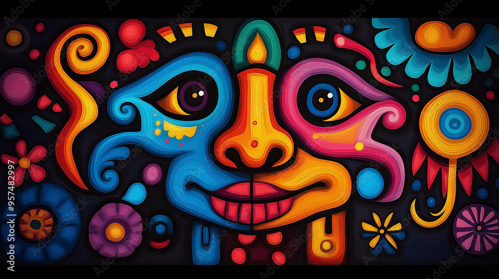 The Smile of Fiesta: Vibrant colors explode in a folk art portrait, celebrating life and culture with whimsical charm. The Smile of Fiesta: Vibrant colors explode in a folk art portrait, celebrating life and culture with whimsical charm.