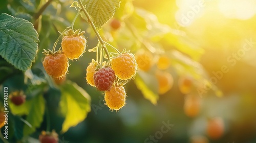   A tree with Raspberry bushes, sunbeams filtering through leafy branches, and ripe berries dangling