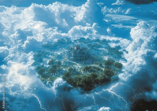 Enchanting Aerial View of a Mystical Island Surrounded by Thick Clouds and Lightning Strikes, Creating a Dreamlike and Surreal Atmosphere