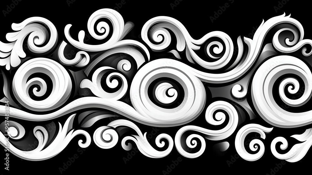 Whimsical 3D Floral Swirls: A seamless pattern of elegant white swirls and tendrils against a dark background, creating a mesmerizing and intricate design that evokes a sense of delicate beauty and s Whimsical 3D Floral Swirls: A seamless pattern of elegant white swirls and tendrils against a dark background, creating a mesmerizing and intricate design that evokes a sense of delicate beauty and s
