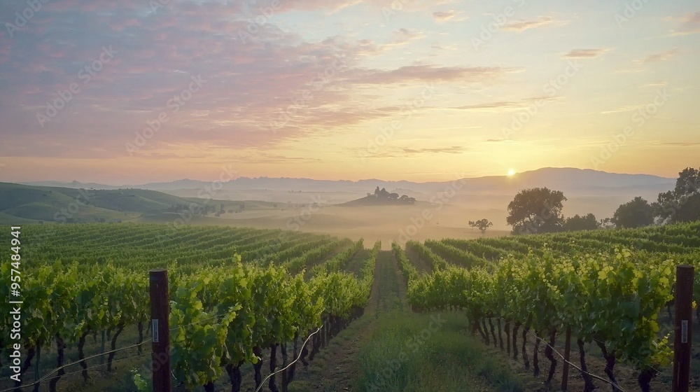 A vineyard with fog, trees in the foreground, and hills in the background as the sun sets A vineyard with fog, trees in the foreground, and hills in the background as the sun sets