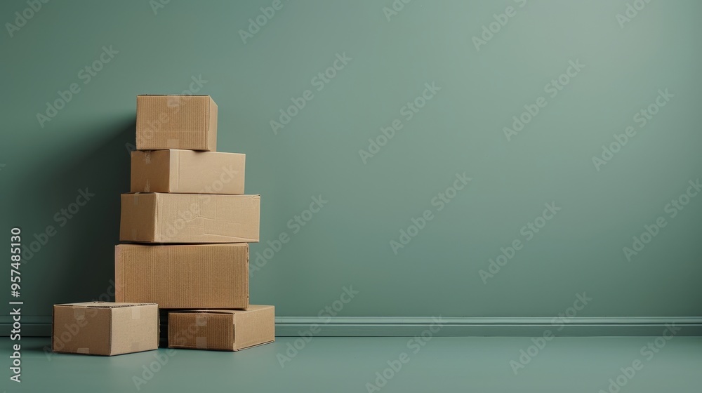 Stacked brown cardboard boxes on a neutral surface, representing shipping, packaging, and storage themes effectively.. Stacked brown cardboard boxes on a neutral surface, representing shipping, packaging, and storage themes effectively..
