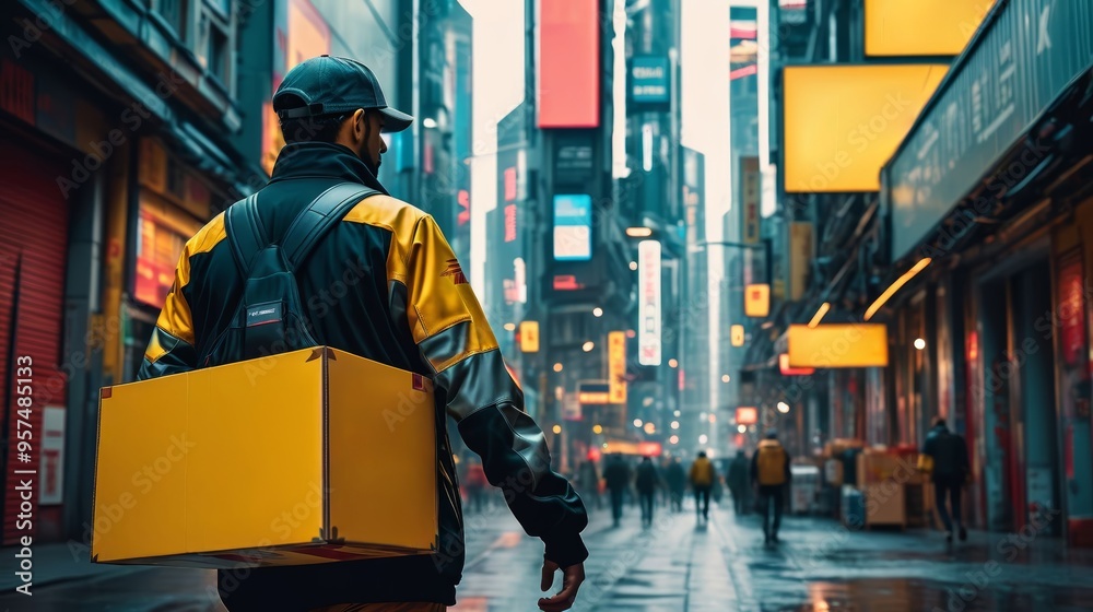 Obraz premium Man Walking Down Street Holding Yellow Box