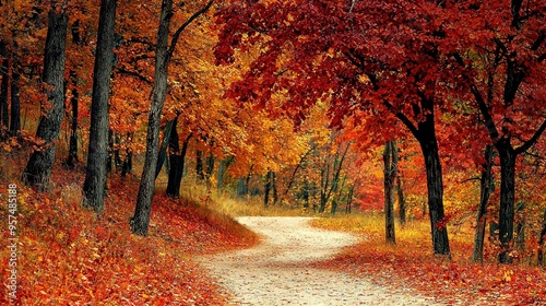   A painting depicts a dirt road enveloped by tall trees sporting vibrant red and yellow foliage, with scattered leaves on the forest floor