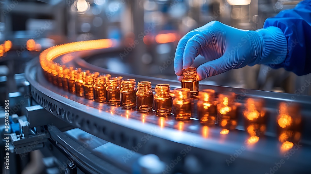 Pharmacist scientist with sanitary gloves examining medical vials on production line conveyor belt in pharmaceutical healthcare factory manufacturing prescription drugs medication mass production, AI Pharmacist scientist with sanitary gloves examining medical vials on production line conveyor belt in pharmaceutical healthcare factory manufacturing prescription drugs medication mass production, AI