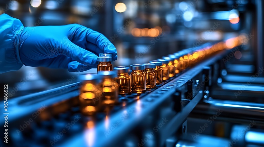 Pharmacist scientist with sanitary gloves examining medical vials on production line conveyor belt in pharmaceutical healthcare factory manufacturing prescription drugs medication mass production, AI Pharmacist scientist with sanitary gloves examining medical vials on production line conveyor belt in pharmaceutical healthcare factory manufacturing prescription drugs medication mass production, AI