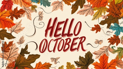 "HELLO OCTOBER" in elegant cursive with autumn leaves swirling around