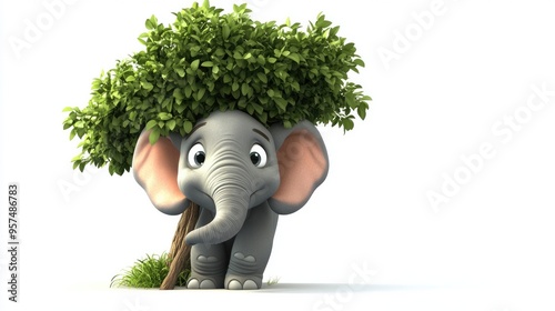 A cartoon elephant trying to hide behind a tiny tree, with only its trunk and ears sticking out humorously