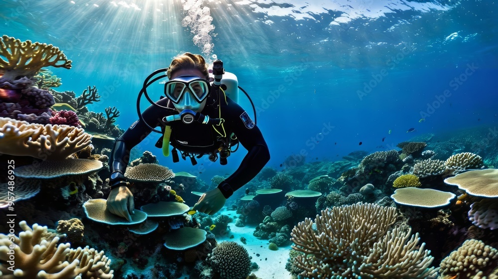 Scuba Diver Exploring Coral Reef