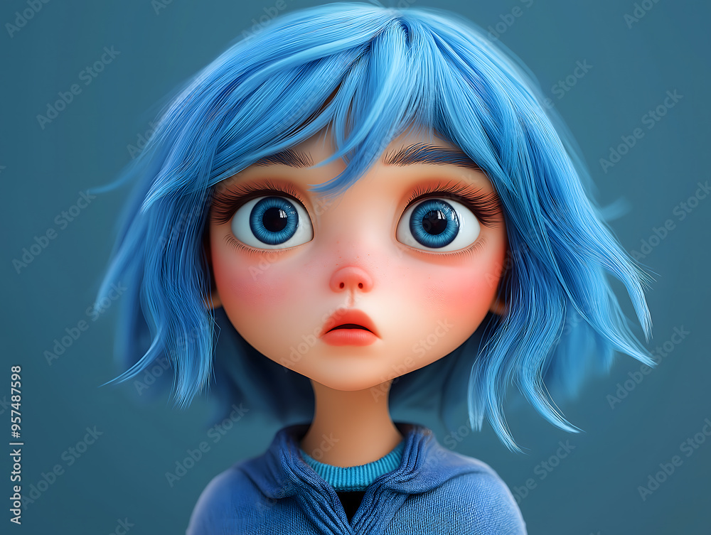 3d digital illustration of blue-haired roll girl with big eyes and pensive expression isolated on blue background 3d digital illustration of blue-haired roll girl with big eyes and pensive expression isolated on blue background