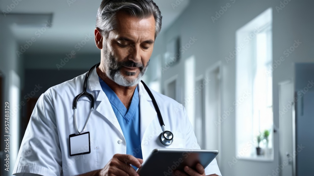 Male Doctor in White Coat Looking at Tablet Male Doctor in White Coat Looking at Tablet