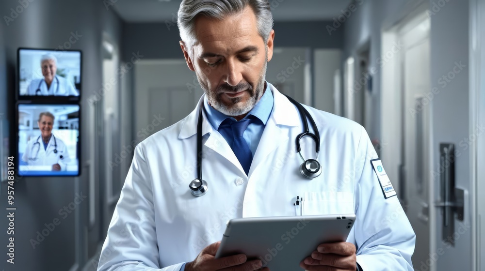 Doctor Examining Tablet in Hospital Hallway Doctor Examining Tablet in Hospital Hallway