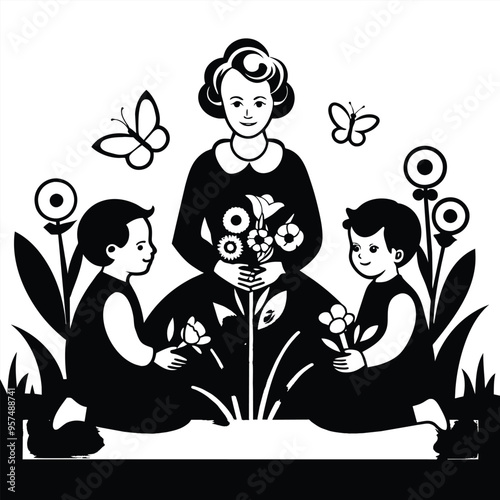 A mother and her two children sit in a garden, surrounded by blooming flowers and butterflies. The mother holds a bouquet of flowers while the children admire the blooms around them