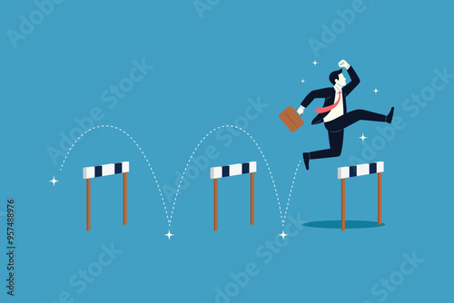 Business challenge, Businessman jumping higher over hurdle. Business concept illustration