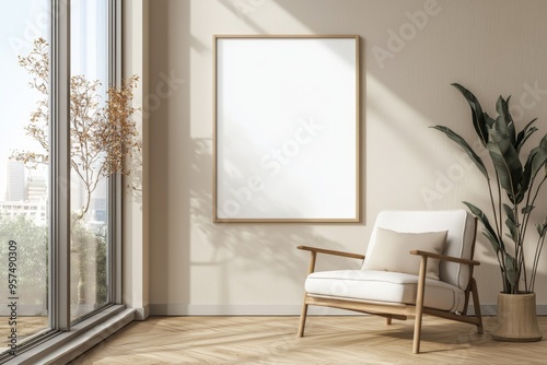 Poster Frame in Beige minimalist living room interior created with generative AI