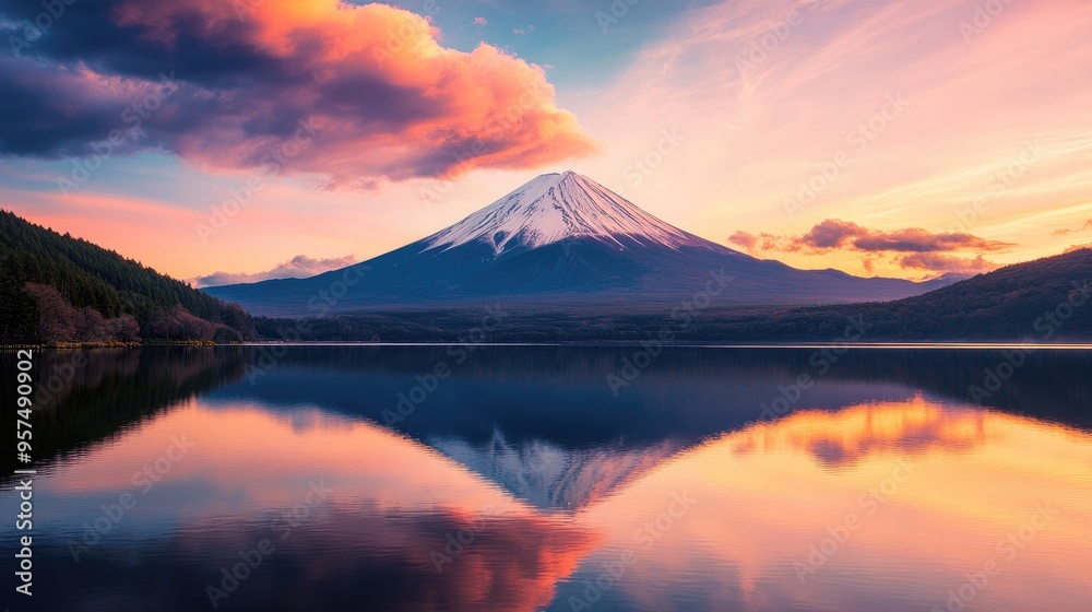Mount Fuji at sunset, with the sky painted in vibrant hues of orange and pink, reflecting on a tranquil lake Mount Fuji at sunset, with the sky painted in vibrant hues of orange and pink, reflecting on a tranquil lake