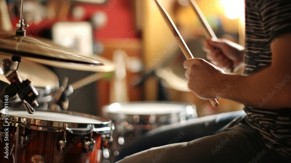 Naklejka premium Dynamic Drumming in a Cozy Studio