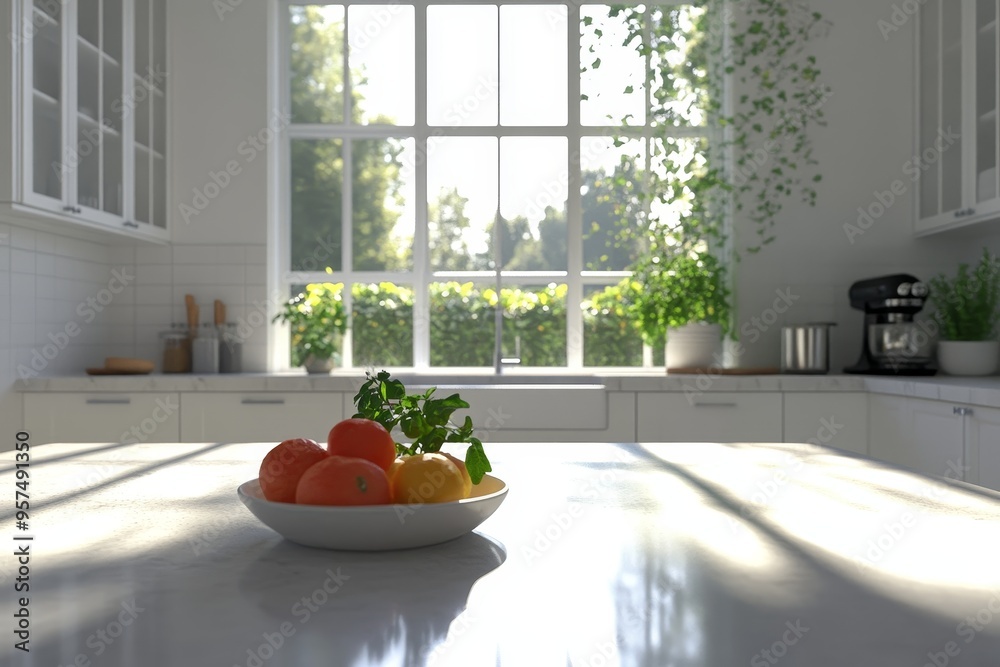 A bowl of fruit sits on a countertop in a bright kitchen with a window behind it. A bowl of fruit sits on a countertop in a bright kitchen with a window behind it.