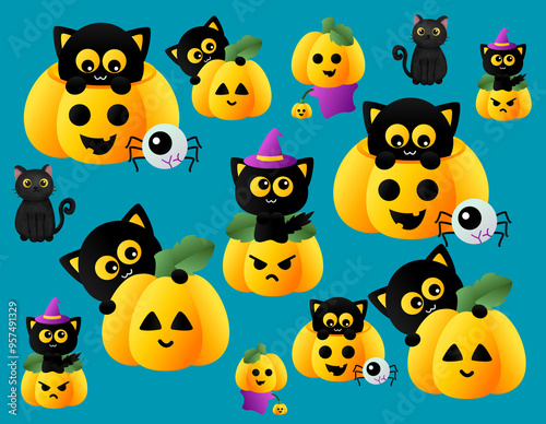 Cartoon cute cats with pumpkins