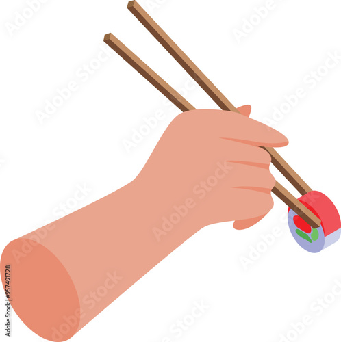 This isometric icon features a hand delicately holding a piece of sushi with chopsticks
