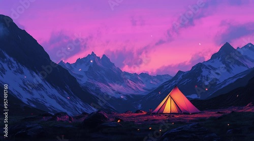 Glowing tent perched on top of a mountain, with a breathtaking backdrop of surrounding mountains, creating a serene and aseamless looping 4k time-lapse virtual video animation background. generated ai photo