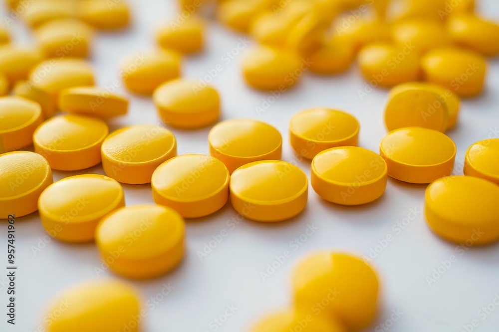 Yellow pills scattered on a white background. Treatment of coronavirus Yellow pills scattered on a white background. Treatment of coronavirus