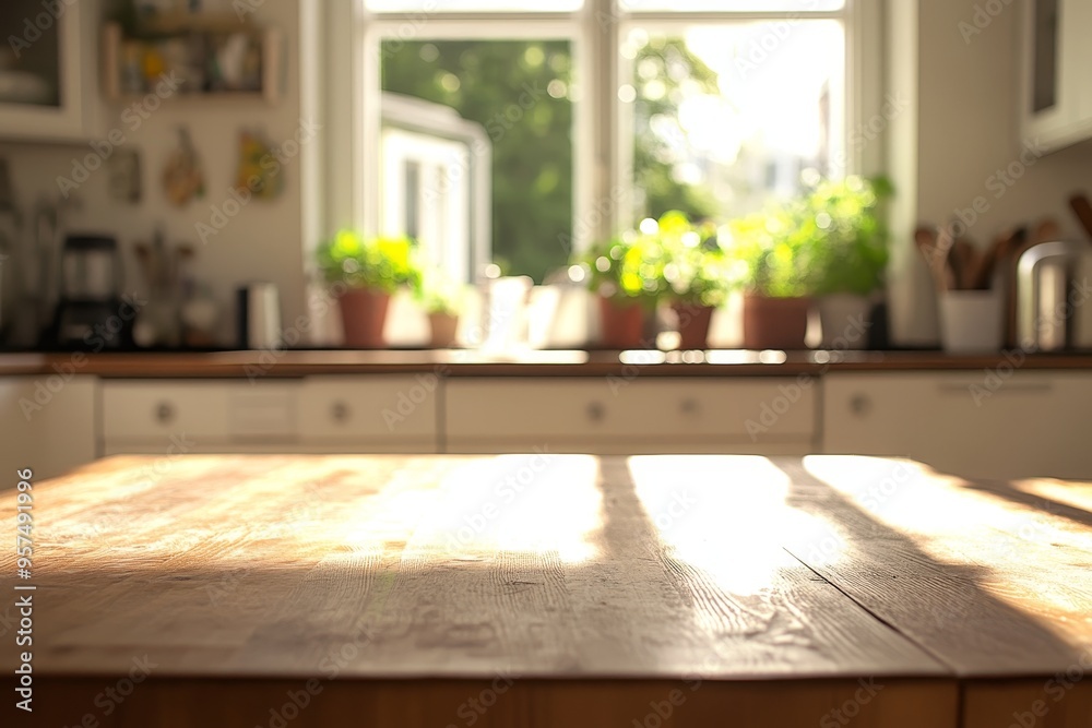 Close up of a wooden kitchen counter with a blurred background of a kitchen with a window. Close up of a wooden kitchen counter with a blurred background of a kitchen with a window.