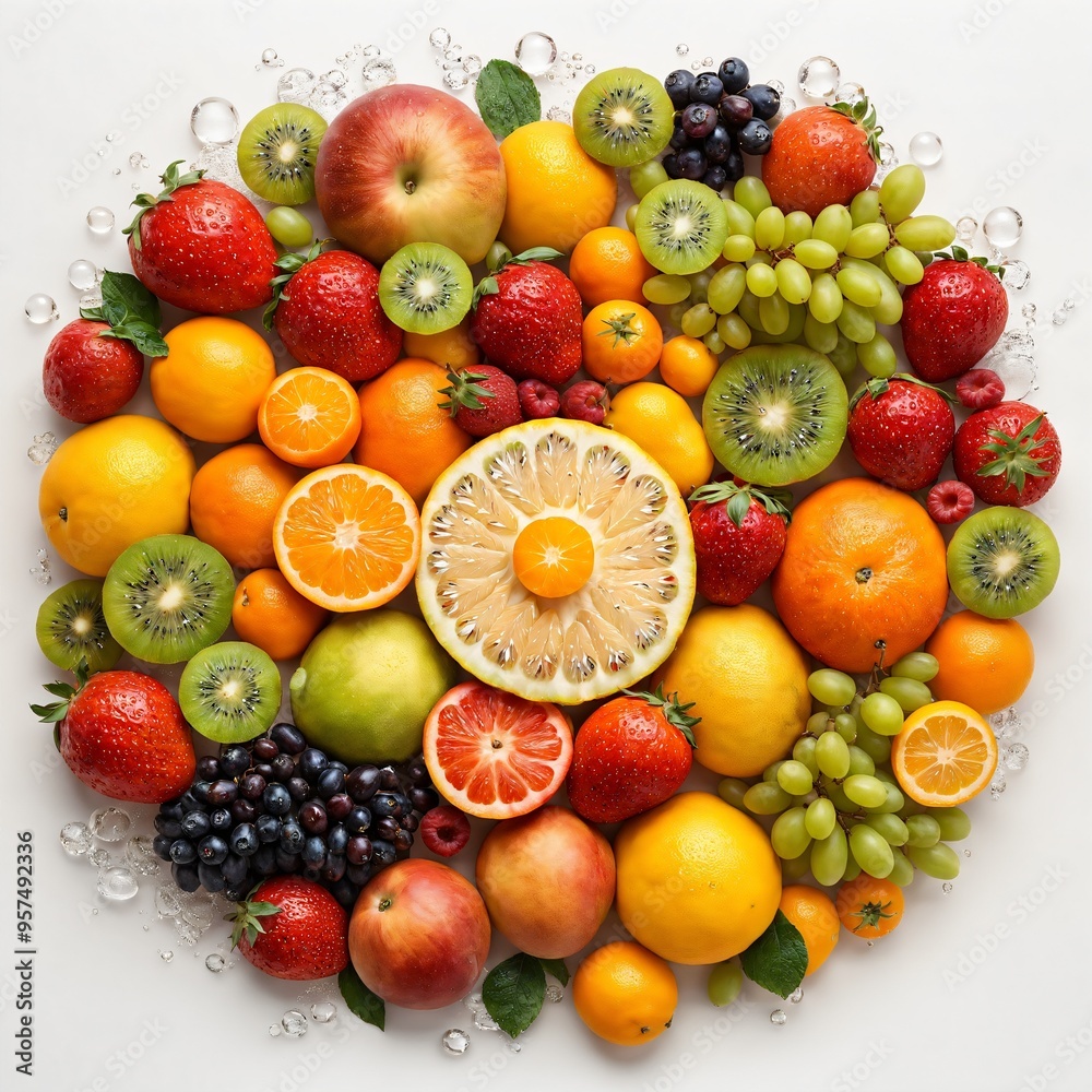 3D Render of a variety of fruits including oranges strawberries grapes and apples. 3D Render of a variety of fruits including oranges strawberries grapes and apples.