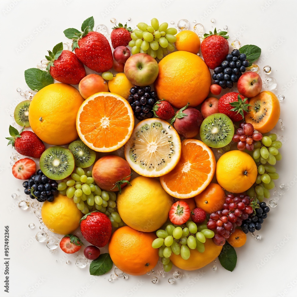 3D Render of a variety of fruits including oranges apples strawberries grapes and blueberries. 3D Render of a variety of fruits including oranges apples strawberries grapes and blueberries.