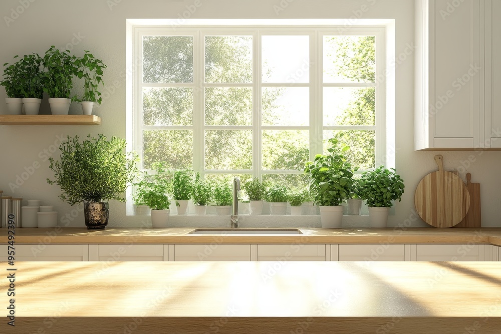 Empty wooden counter top in kitchen with white cabinets and large window with a view of green trees.