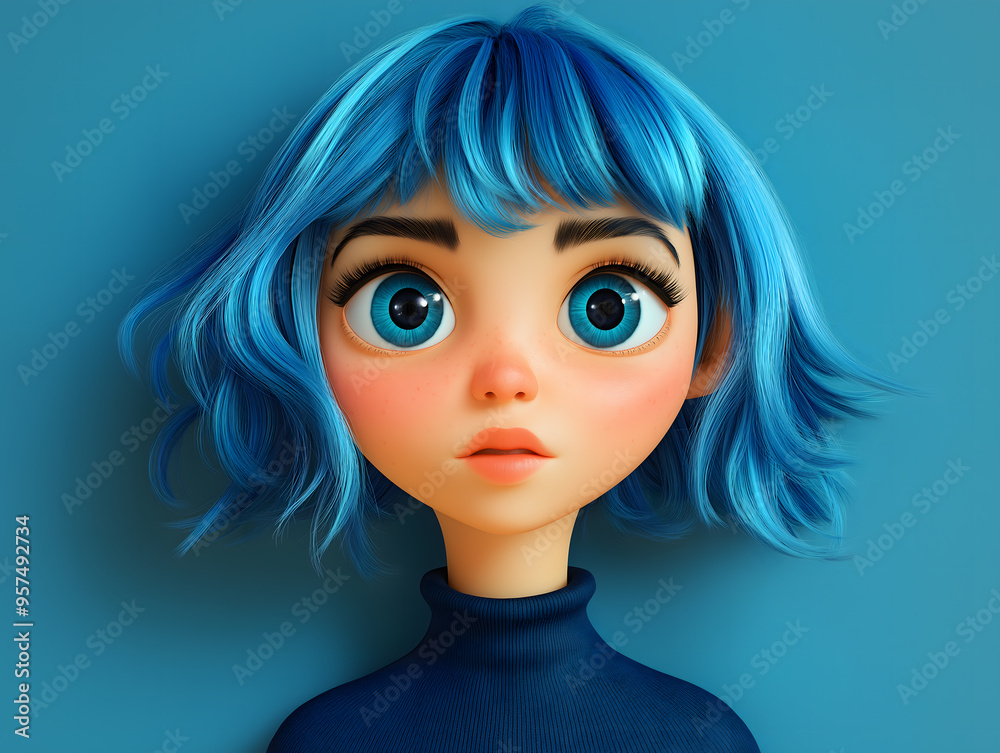 3d digital illustration of blue-haired roll girl with big eyes and pensive expression isolated on blue background 3d digital illustration of blue-haired roll girl with big eyes and pensive expression isolated on blue background